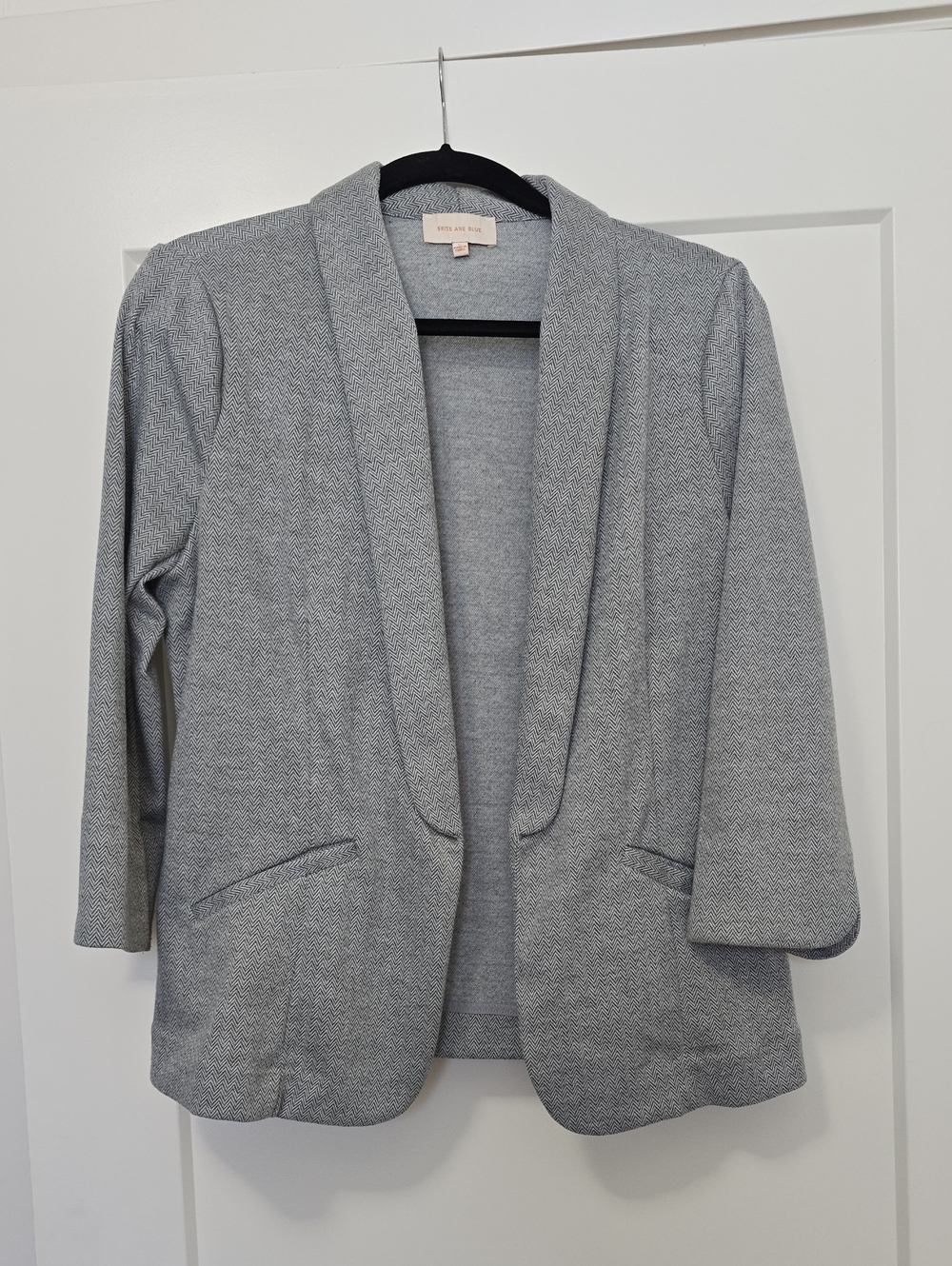 Skies Are Blue Gray Herringbone Knit Open Front 3/4 Sleeve Blazer Jacket – L